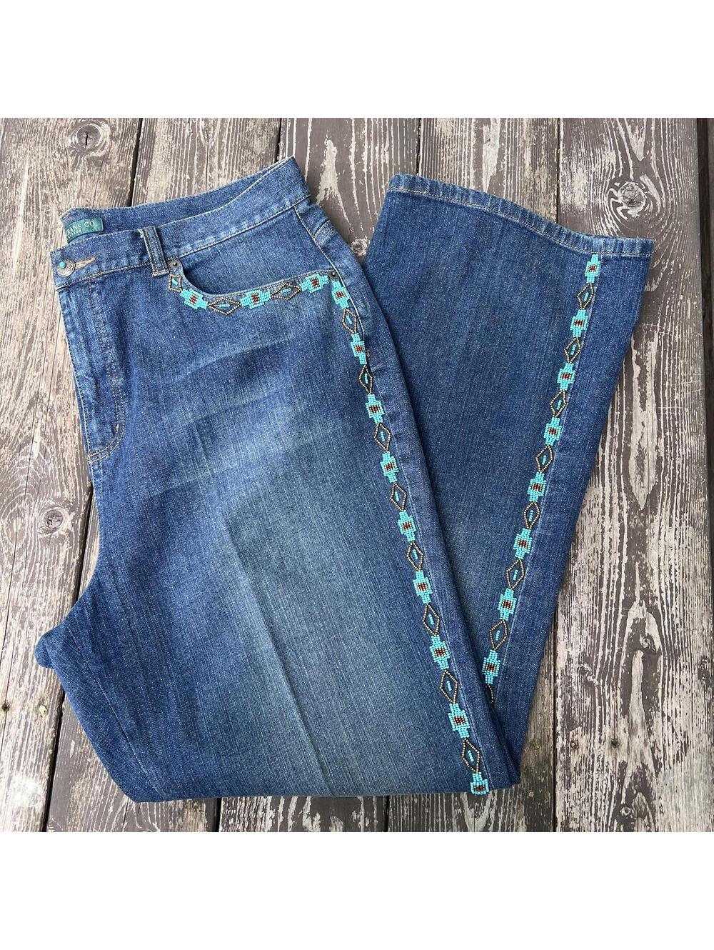 Vintage Ralph Lauren Jeans Beaded 16W Boot Cut Aztec Turquoise Tribal Boho Y2K